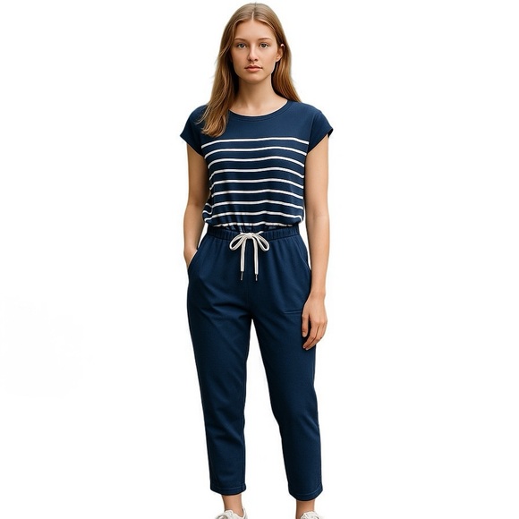 Zoe Karssen Navy Blue Striped Drawstring‎ Jogger Jumpsuit - Picture 1 of 10